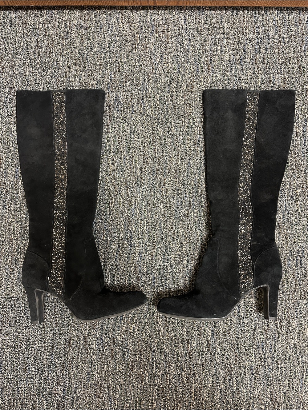 Alex Marie Black Suede Knee-High Heeled Boots with Sparkle Side Stripe